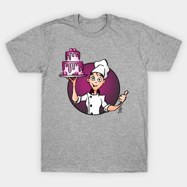 Pastry chef with a pink glazed cake T-Shirt by Cardvibes